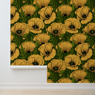 Yellow poppies on dark green wallpaper