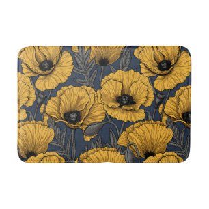 Yellow poppies on navy bath mat