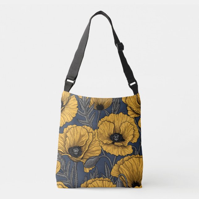 Yellow poppies on navy crossbody bag (Front)