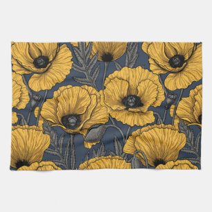 Yellow poppies on navy kitchen towel