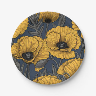 Yellow poppies on navy paper plate