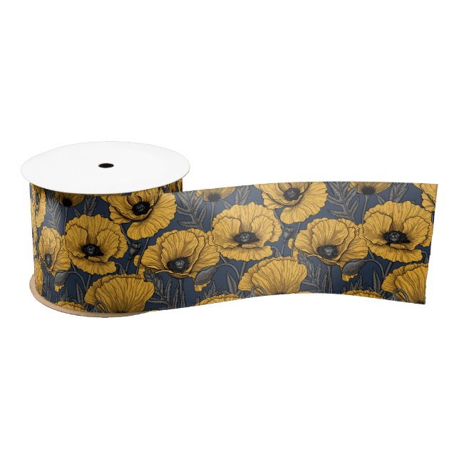 Yellow poppies on navy satin ribbon (Spool)