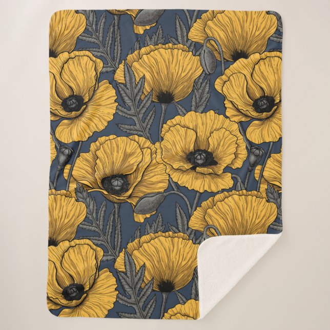Yellow poppies on navy sherpa blanket (Front)