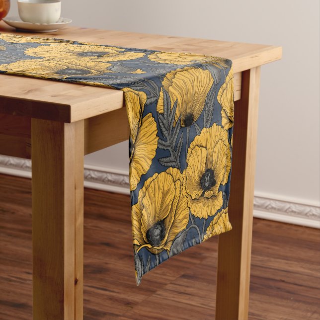 Yellow poppies on navy short table runner (In Situ)