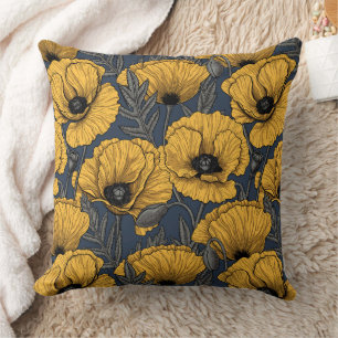 Yellow poppies on navy throw pillow
