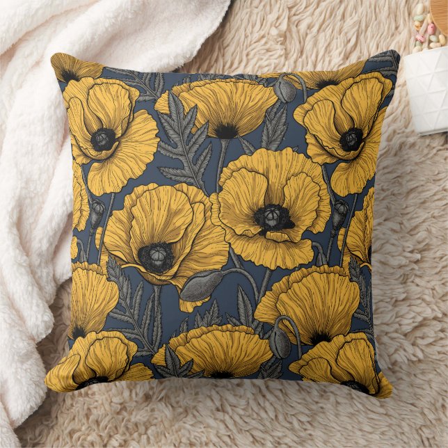 Yellow poppies on navy throw pillow (Blanket)