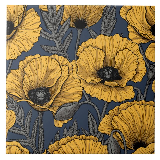Yellow poppies on navy tile (Front)