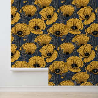 Yellow poppies on navy wallpaper