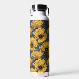 Yellow poppies on navy water bottle