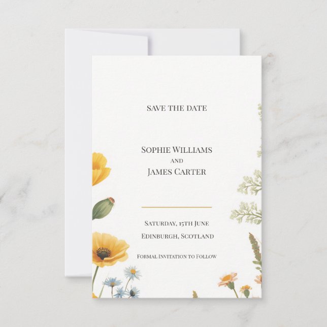 Yellow Poppy Fern Scottish Wedding Save The Date (Front)
