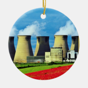 Yellow Poppy field and Ferrybridge power station, Ceramic Ornament