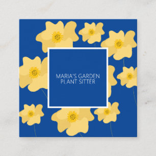 Yellow Poppy Floral Garden Plant Sitter Blue Square Business Card