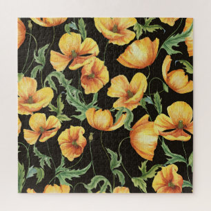Yellow Poppy Watercolor Floral Pattern Jigsaw Puzzle