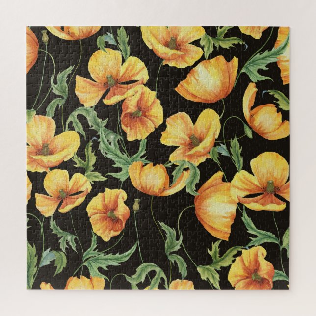 Yellow Poppy Watercolor Floral Pattern Jigsaw Puzzle (Vertical)