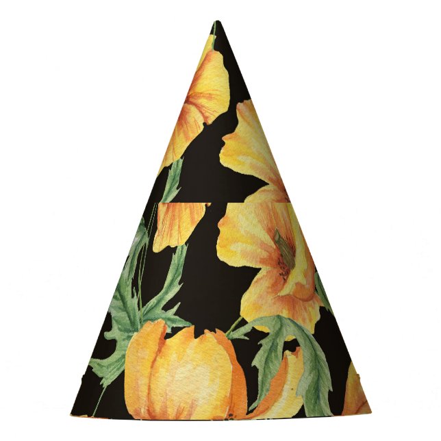 Yellow Poppy Watercolor Floral Pattern Party Hat (Front)