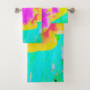 Yellow Poppy with Hot Pink Centre on Turquoise Bath Towel Set