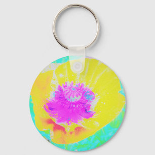 Yellow Poppy with Hot Pink Centre on Turquoise Keychain