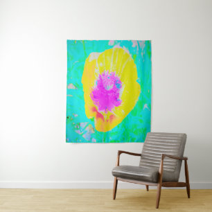 Yellow Poppy with Hot Pink Centre on Turquoise Tapestry