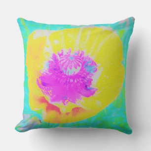 Yellow Poppy with Hot Pink Centre on Turquoise Throw Pillow
