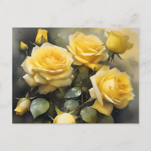Yellow pretty roses garden watercolor painting postcard