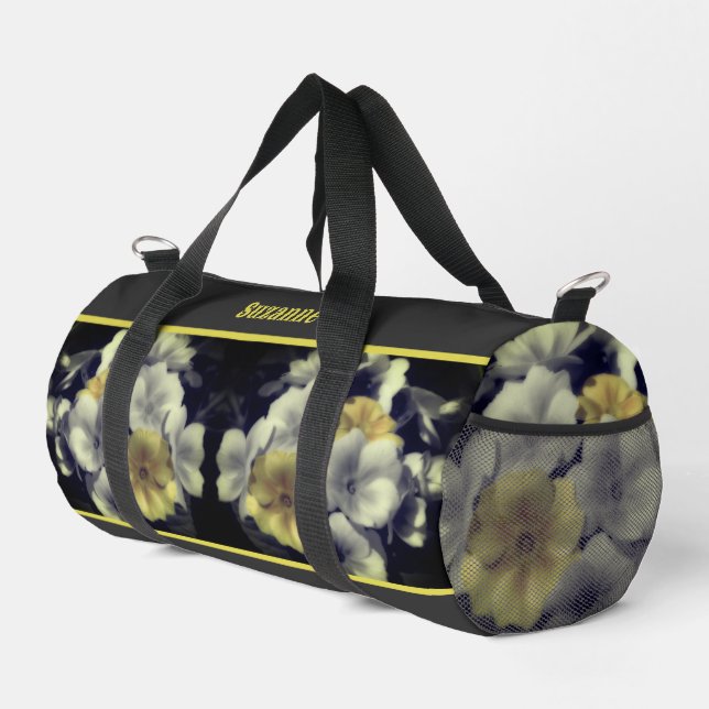 Yellow Primrose Flower Partial Colour Personalized Duffle Bag (Right Corner)