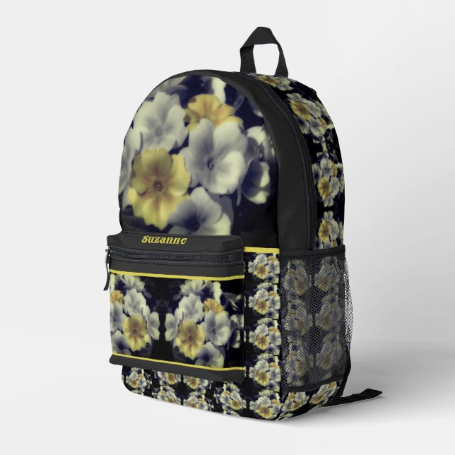Yellow Primrose Flower Partial Colour Personalized Printed Backpack (Back Corner Right)