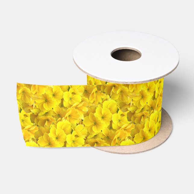 Yellow Primrose Flowers Pattern Satin Ribbon (Spool)