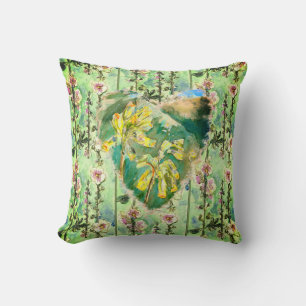 Yellow Primula Heart and Pink Hollyhocks Pattern Throw Pillow