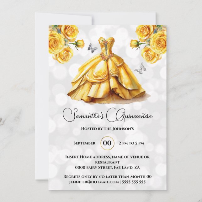 Yellow princess Quinceañera fantasy ballgown roses Invitation (Front)