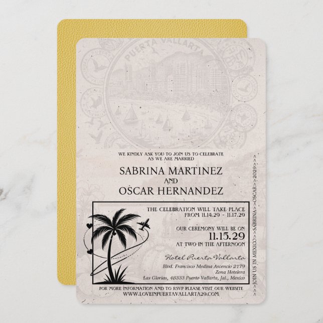 Yellow Puerta Vallarta Passport Wedding Invitation (Front/Back)