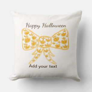 Yellow pumpkin bow happy Halloween add name text Throw Pillow