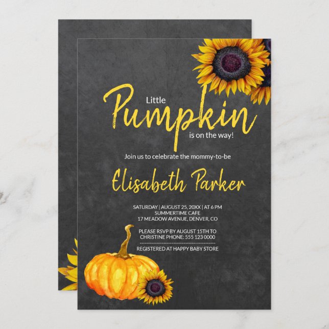 Yellow Pumpkin Sunflowers Chalkboard Baby Shower Invitation (Front/Back)