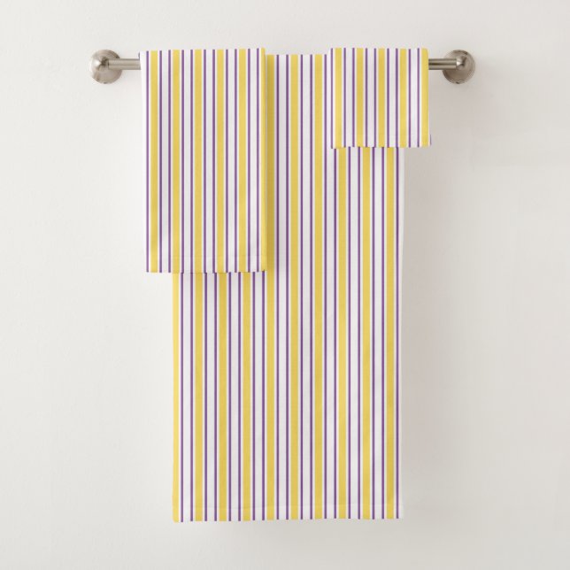 Yellow, purple and white candy stripes bath towel set (Insitu)