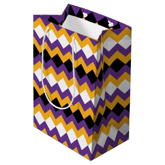 Yellow, Purple, Black and White Zigzag Chevron Medium Gift Bag (Back Angled)