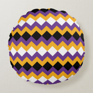 Yellow, Purple, Black and White Zigzag Chevron Round Pillow