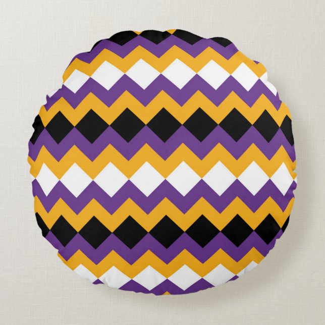 Yellow, Purple, Black and White Zigzag Chevron Round Pillow (Front)