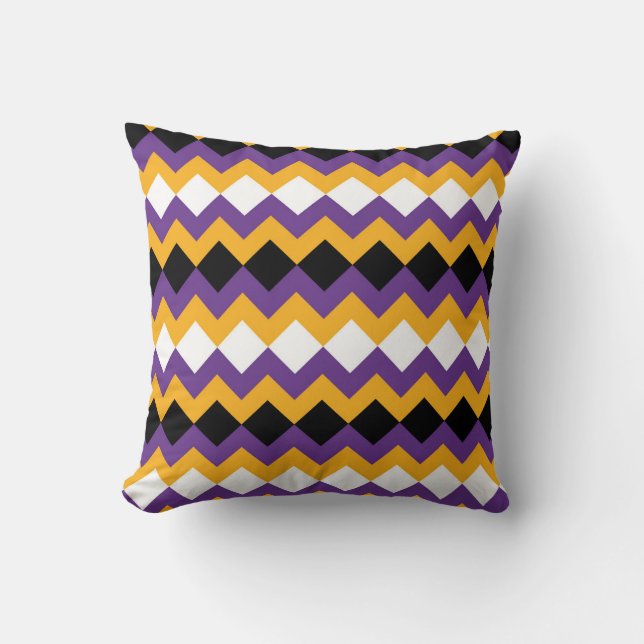 Yellow, Purple, Black and White Zigzag Chevron Throw Pillow (Front)