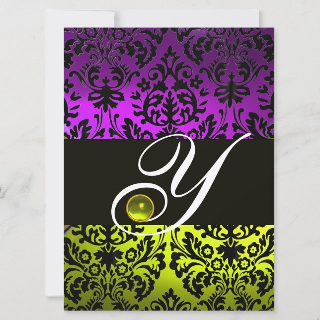 YELLOW PURPLE BLACK DAMASK MONOGRAM TOPAZ INVITATION (Front)