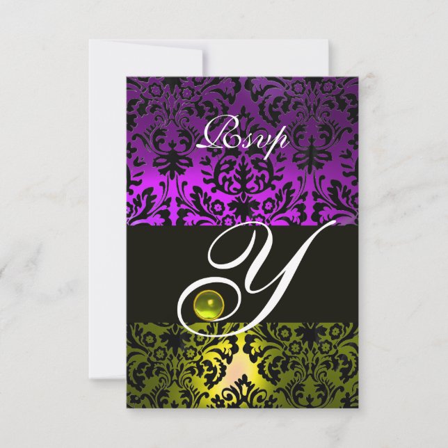 YELLOW PURPLE BLACK DAMASK MONOGRAM TOPAZ RSVP (Front)