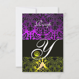 YELLOW PURPLE BLACK DAMASK MONOGRAM TOPAZ RSVP CARD