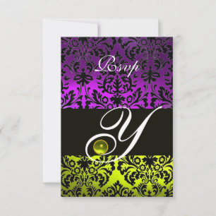 YELLOW PURPLE BLACK DAMASK MONOGRAM TOPAZ RSVP CARD