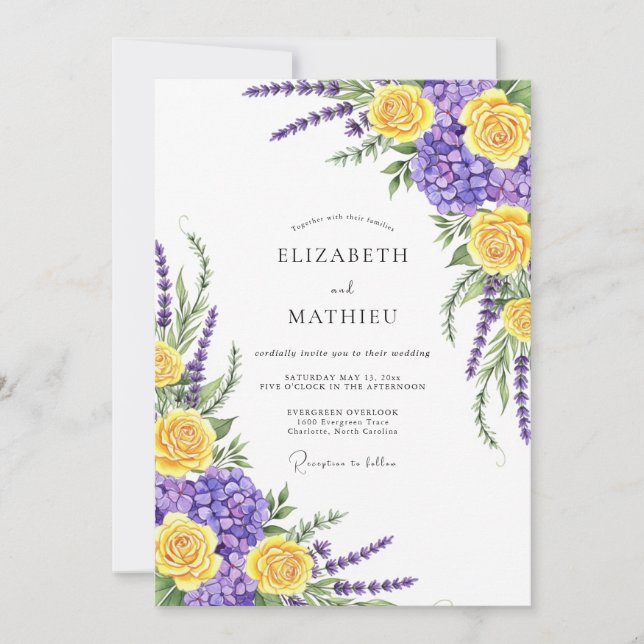 Yellow Purple Botanical Whimsical Wedding Invitation (Front)