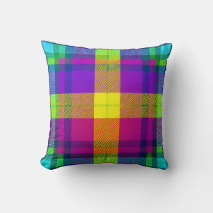 Yellow Purple Bright Colourful Plaid Throw Pillow
