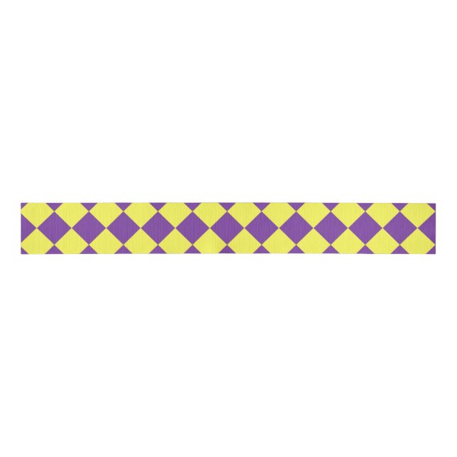 Yellow Purple Chequered Diamond Pattern Grosgrain Ribbon (Front)