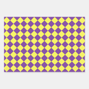 Yellow Purple Chequered Diamond Pattern Wrapping Paper Sheet
