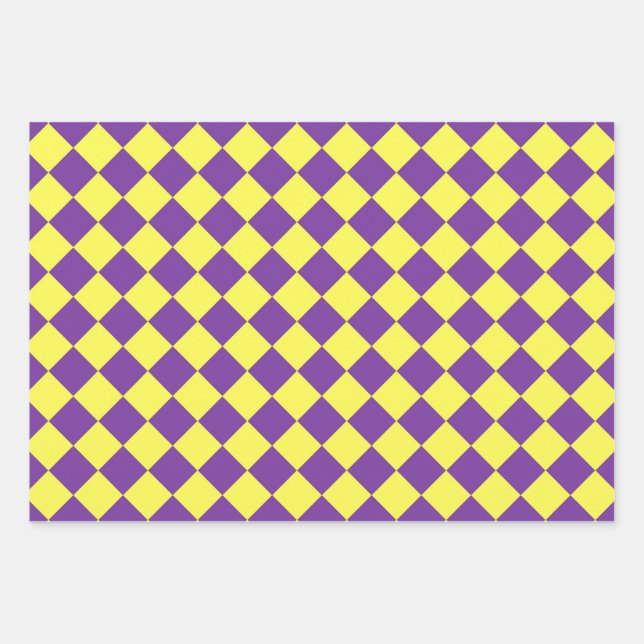 Yellow Purple Chequered Diamond Pattern Wrapping Paper Sheet (Front)