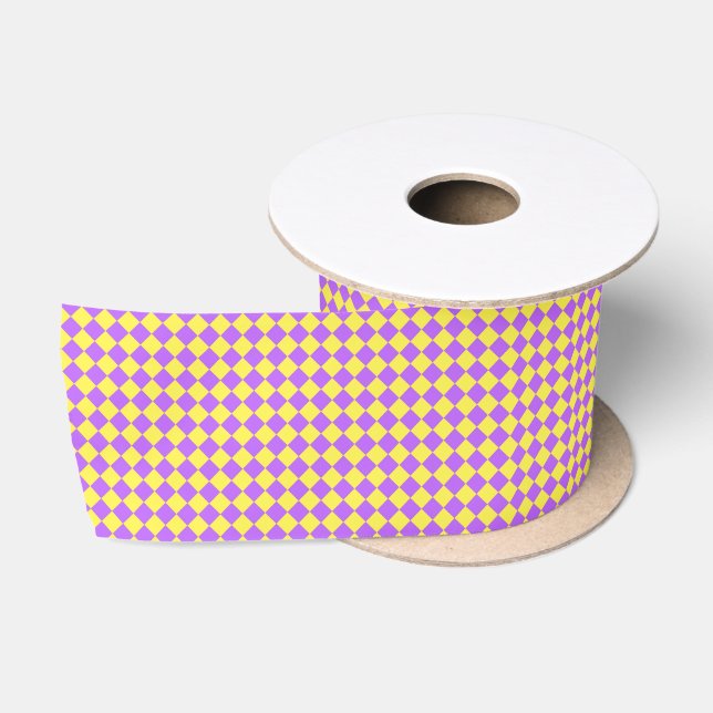 Yellow Purple Diamond Chequered Pattern Satin Ribbon (Spool)