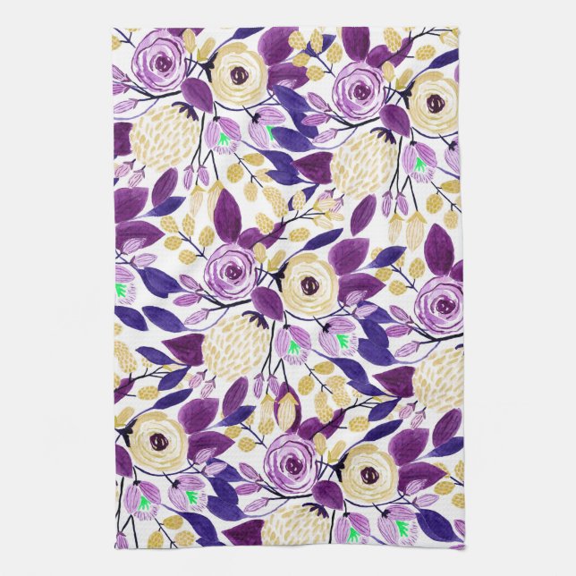 Yellow Purple Floral Bouquet Watercolor Pattern Kitchen Towel (Vertical)
