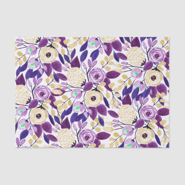 Yellow Purple Floral Bouquet Watercolor Pattern Tissue Paper (Front)