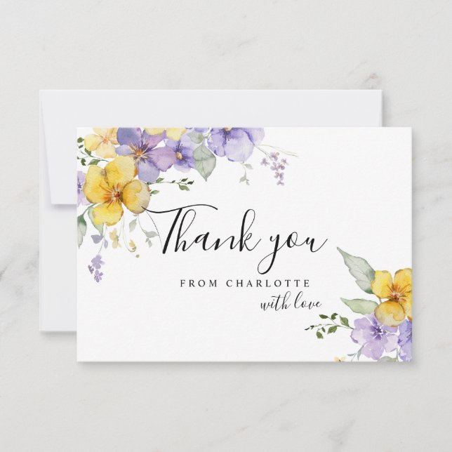 Yellow Purple Floral Bridal Shower Thank You  Card (Front)